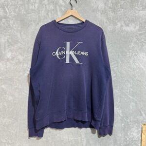 Calvin Klein‎ Jeans Men's XL Logo Crewneck Sweater Navy Blue Faded Pullover Y2K